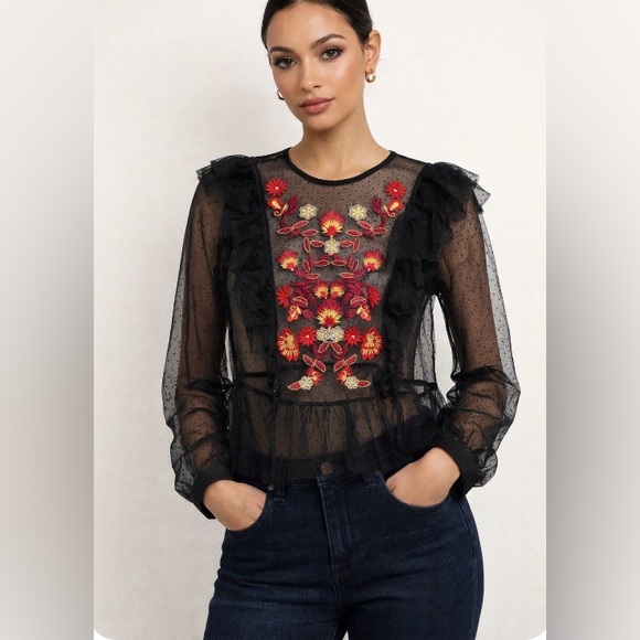 Tops - GUESS Sheer Mesh Blouse Small Black Polka Dot Embroidery Front Peplum Hem Gothic